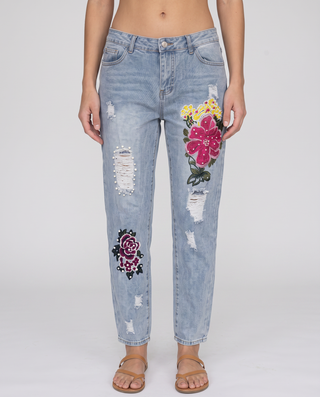 Romilly Low-Rise Embroidered Distressed Jeans