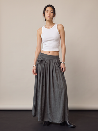 Rowena Low-Rise Drawstring Maxi Skirt in Charcoal, close-up front view