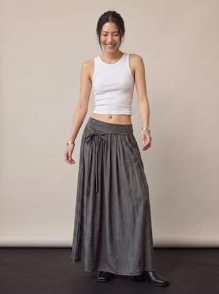 Rowena Low-Rise Drawstring Maxi Skirt in Charcoal, front view