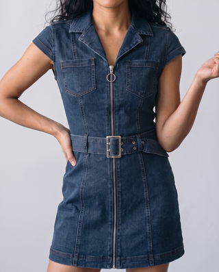 Ruby Denim Zip-Front Collared Mini Dress