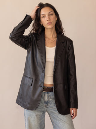 Sable Leather Blazer in Black, close-up front view