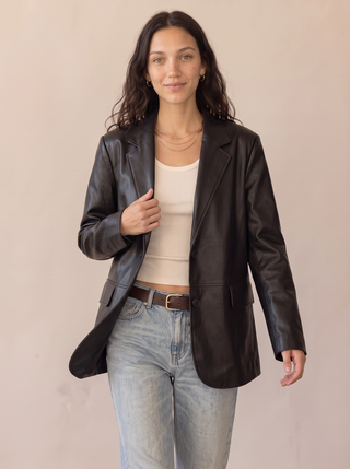 Sable Leather Blazer in Black, front view