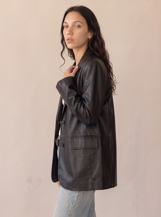 Sable Leather Blazer in Black, three-quarter view