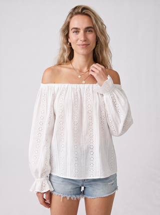 Sadie Eyelet Off-Shoulder Blouse in White, close-up front view