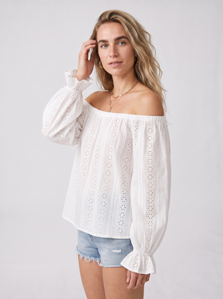 Sadie Eyelet Off-Shoulder Blouse in White, three-quarter view