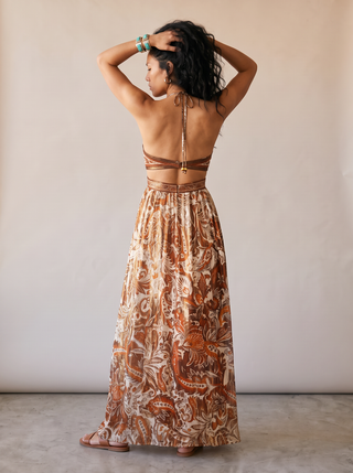 Saffron Paisley Halter Maxi Dress in Rust Paisley, back view