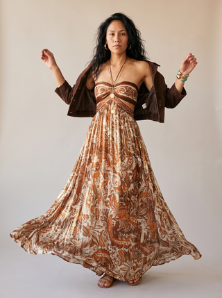 Saffron Paisley Halter Maxi Dress in Rust Paisley, close-up front view