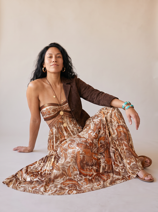 Saffron Paisley Halter Maxi Dress in Rust Paisley, front view