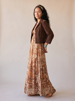 Saffron Paisley Halter Maxi Dress in Rust Paisley, three-quarter view