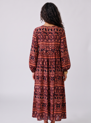 Selene Folk Print Balloon Sleeve Maxi Dress