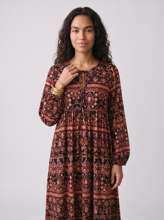 Selene Folk Print Balloon Sleeve Maxi Dress in Black Terracotta, close-up front view