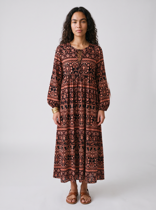 Selene Folk Print Balloon Sleeve Maxi Dress in Black Terracotta, front view