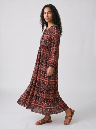 Selene Folk Print Balloon Sleeve Maxi Dress in Black Terracotta, three-quarter view