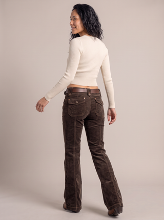 Sorrel Low-Rise Corduroy Flare Pants in Chocolate, back view