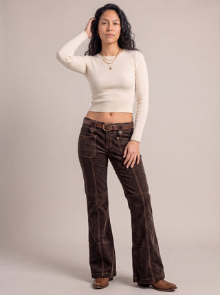 Sorrel Low-Rise Corduroy Flare Pants in Chocolate, front view