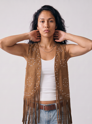 Cassidy Studded Fringe Faux Suede Vest in Tan, close-up front view