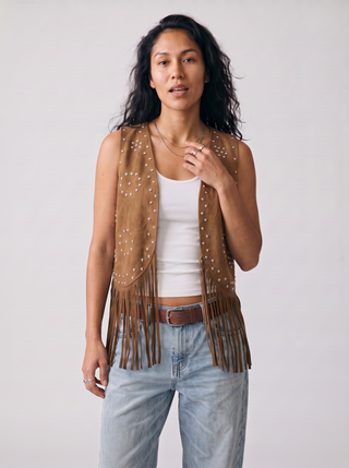 Cassidy Studded Fringe Faux Suede Vest in Tan, front view