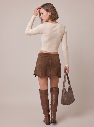 Tansy Studded Faux Suede Mini Skirt in Chocolate, back view