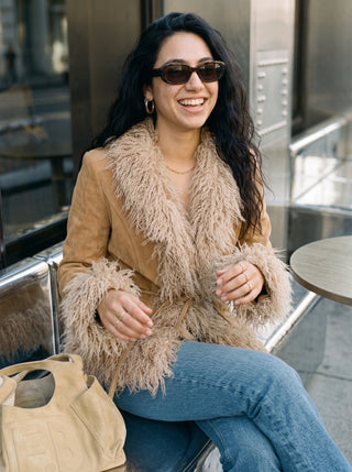 Thelma Belted Shag Trim Jacket in Camel