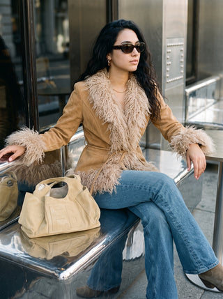 Thelma Belted Shag Trim Jacket in Camel