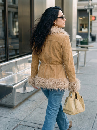 Thelma Belted Shag Trim Jacket in Camel