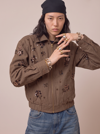 Wildflower Sequin Bomber Jacket in Coffee, close-up front view
