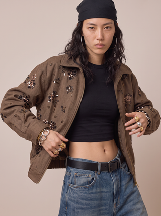 Wildflower Sequin Bomber Jacket in Coffee, front view