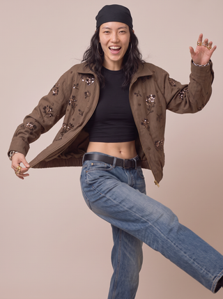 Wildflower Sequin Bomber Jacket in Coffee, in motion