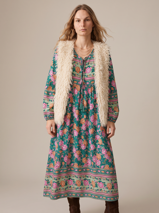 Winona Block Print Boho Maxi Dress in Teal Rose, close-up front view