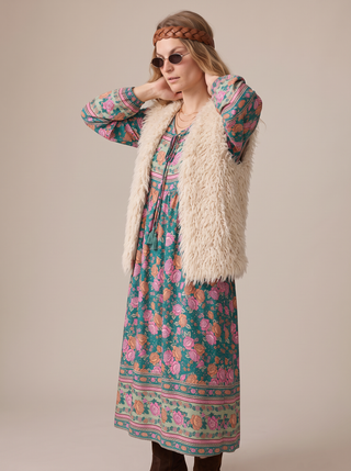 Winona Block Print Boho Maxi Dress in Teal Rose, three-quarter view