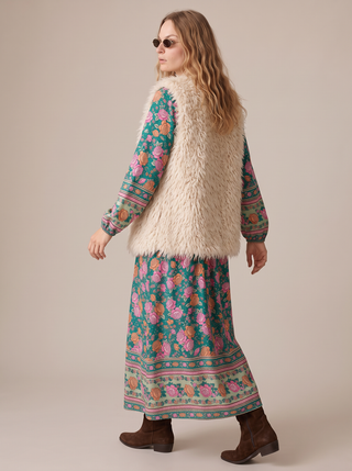 Winona Block Print Boho Maxi Dress in Teal Rose, back view