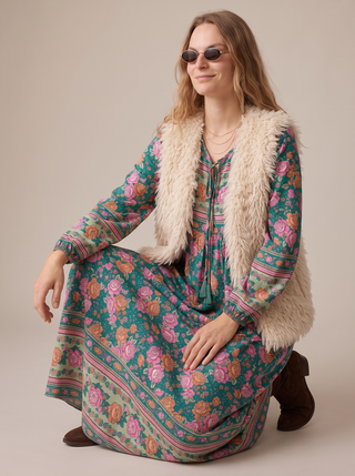 Winona Block Print Boho Maxi Dress in Teal Rose, front view